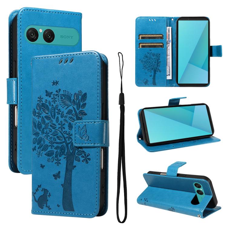 Tree & Cat Embossed Pattern Flip Leather Phone Case, For Sony Xperia 1 VIII, For Sony Xperia 10 VII