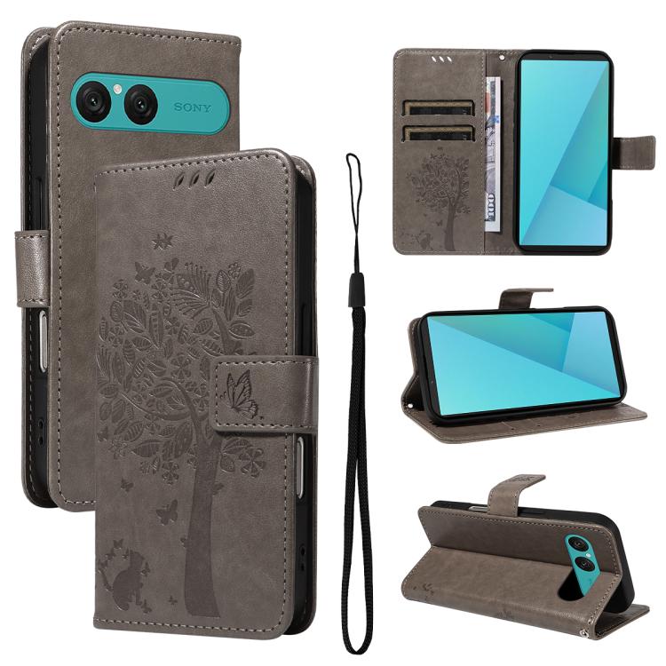 Tree & Cat Embossed Pattern Flip Leather Phone Case, For Sony Xperia 1 VIII, For Sony Xperia 10 VII