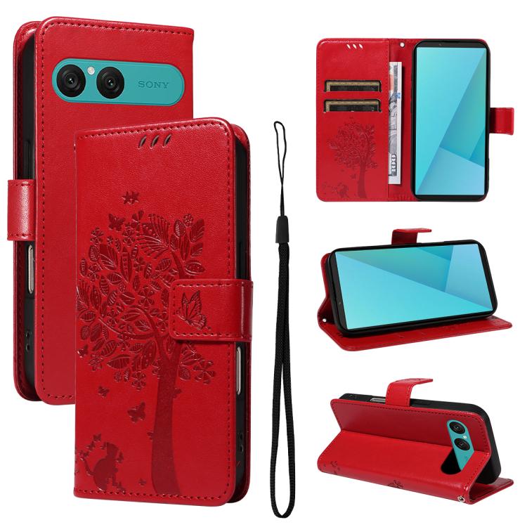 Tree & Cat Embossed Pattern Flip Leather Phone Case, For Sony Xperia 1 VIII, For Sony Xperia 10 VII