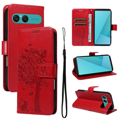 Tree & Cat Embossed Pattern Flip Leather Phone Case, For Sony Xperia 1 VIII, For Sony Xperia 10 VII