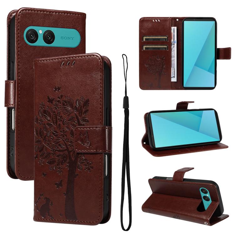 Tree & Cat Embossed Pattern Flip Leather Phone Case, For Sony Xperia 1 VIII, For Sony Xperia 10 VII