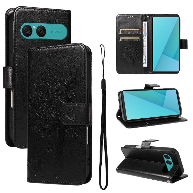 Tree & Cat Embossed Pattern Flip Leather Phone Case, For Sony Xperia 1 VIII, For Sony Xperia 10 VII
