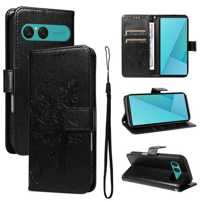 Tree & Cat Embossed Pattern Flip Leather Phone Case, For Sony Xperia 1 VIII, For Sony Xperia 10 VII