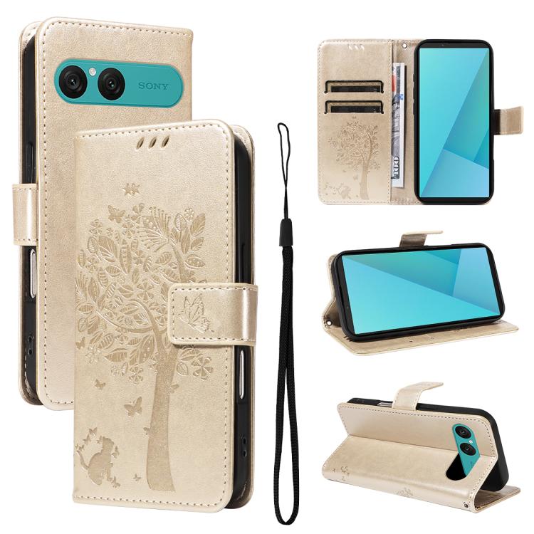 Tree & Cat Embossed Pattern Flip Leather Phone Case, For Sony Xperia 1 VIII, For Sony Xperia 10 VII