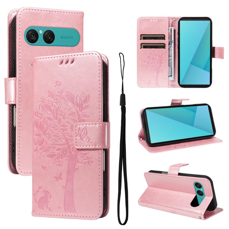 Tree & Cat Embossed Pattern Flip Leather Phone Case, For Sony Xperia 1 VIII, For Sony Xperia 10 VII