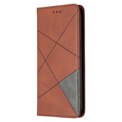 Brown leather flip phone case with geometric seam pattern and card-slot side opening