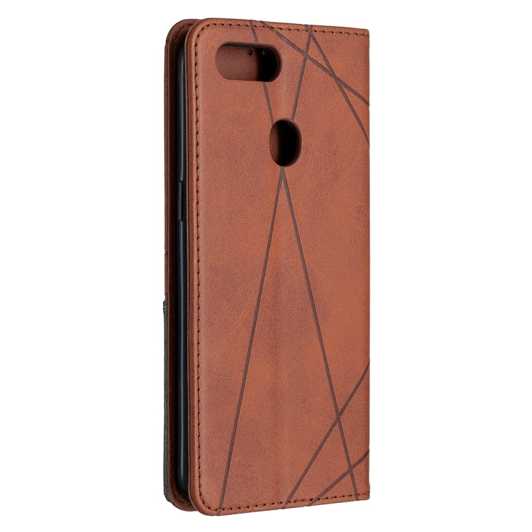 Brown leather flip phone case with cutout for camera and buttons; slim side view