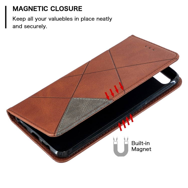 Brown leather flip phone case with magnetic closure and built-in magnet icon