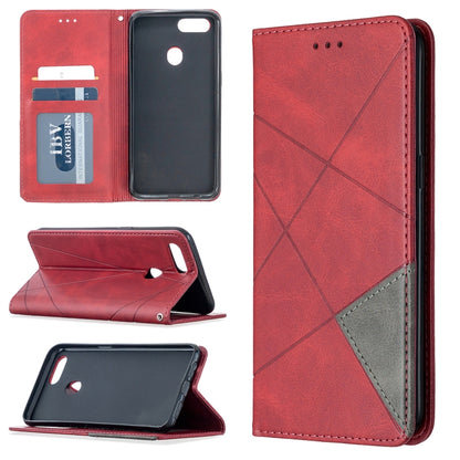 Red leather flip phone case with magnetic closure and card slots; phone shown in cover