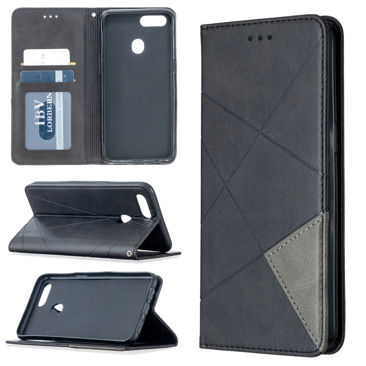 Dark gray leather flip phone case with magnetic closure, card slots, and stand positions