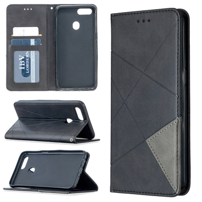 Dark gray leather flip phone case with magnetic closure, card slots, and stand positions