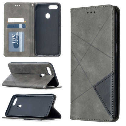 Grey leather magnetic flip phone case with card slots and stand