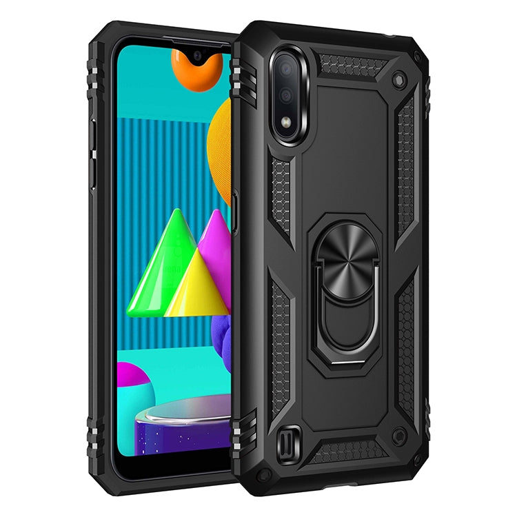 Shockproof phone case with rotating metal ring, rugged black TPU+PC shell