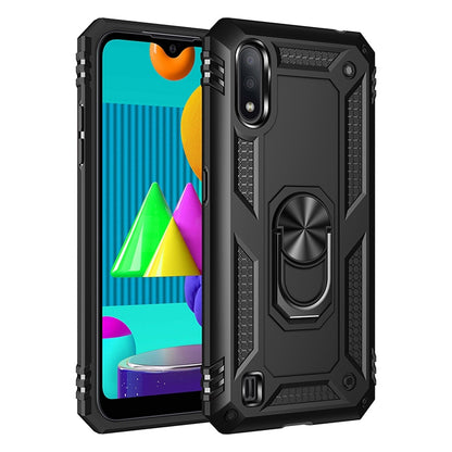 Shockproof phone case with rotating metal ring, rugged black TPU+PC shell