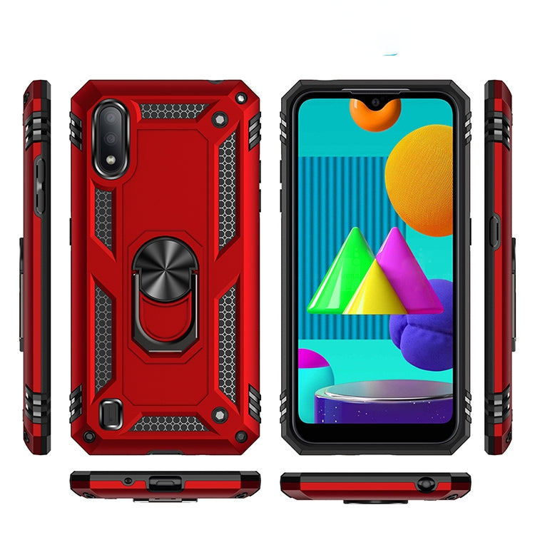 Rugged red phone case with rotating ring, side buttons visible, shockproof TPU+PC