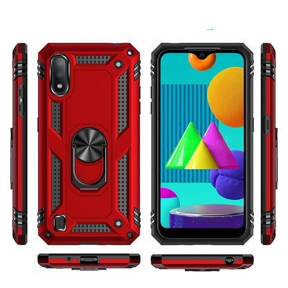 Rugged red phone case with rotating ring, side buttons visible, shockproof TPU+PC