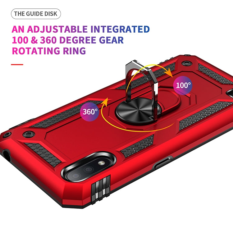 Rugged red protective phone case with 360 rotating kickstand ring and textured grips