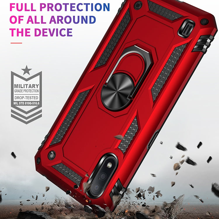 Red shockproof phone case with rotating ring kickstand, reinforced textured corners