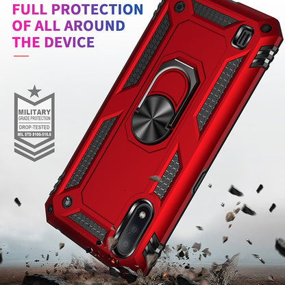 Red shockproof phone case with rotating ring kickstand, reinforced textured corners