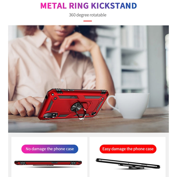 Red rugged phone case with rotating metal ring kickstand and raised screen edges