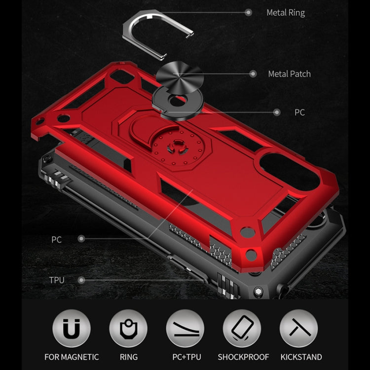 Red TPU+PC protective phone case with metal ring kickstand and reinforced corners