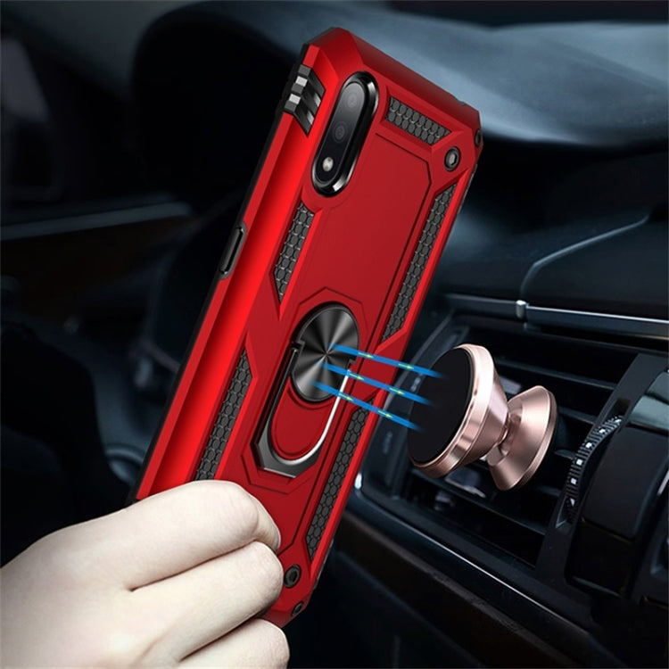 Red rugged phone case with metal ring kickstand, used with car vent mount