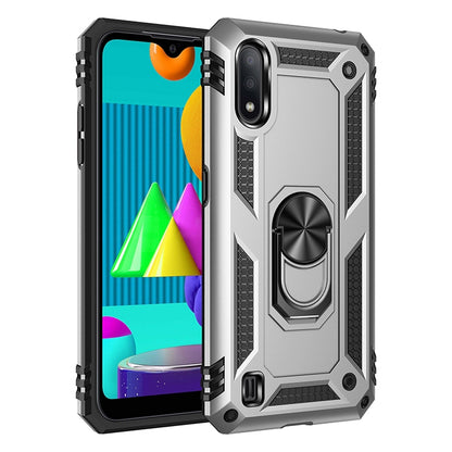 Shockproof phone case with rotating metal ring, rugged silver TPU+PC shell