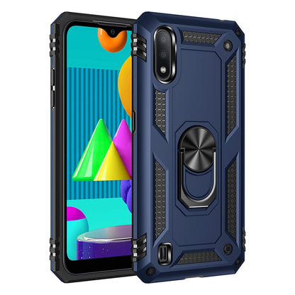 Shockproof phone case with rotating metal ring, rugged blue TPU+PC shell