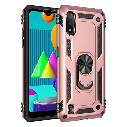 Rose gold shockproof phone case with rotating ring holder, rugged TPU + PC protection
