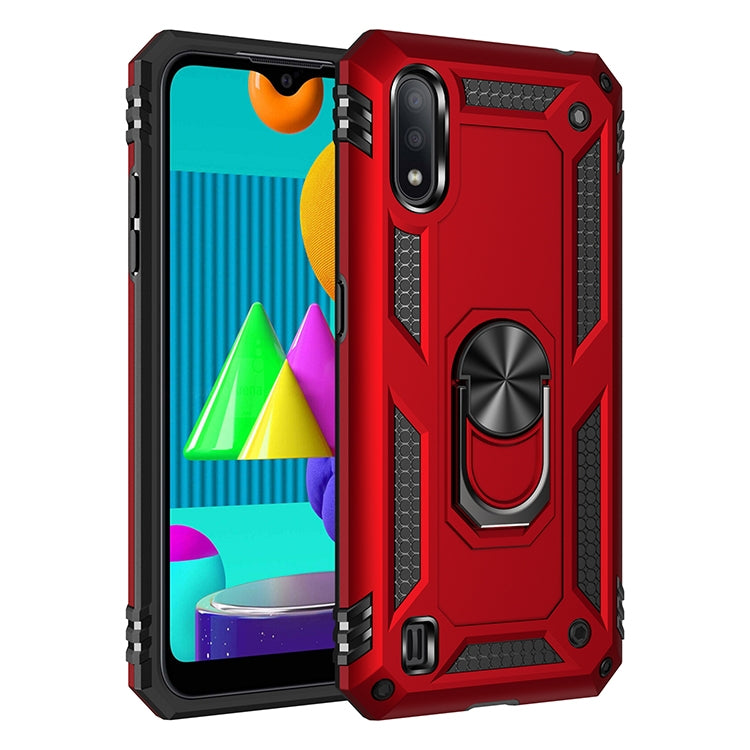 Red shockproof phone case with rotating ring holder, rugged TPU + PC protection