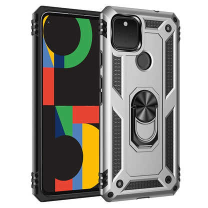 Silver rugged shockproof phone case with rotating ring holder, TPU + PC protection