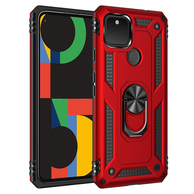 Red shockproof TPU + PC phone case with rotating holder ring and textured grip edges