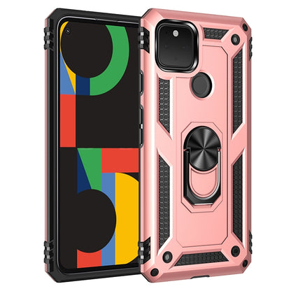 Pink shockproof TPU + PC phone case with rotating holder ring and raised camera guard