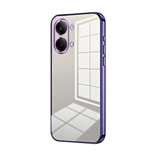 Transparent phone case with fine-hole design, purple frame, geometric window back
