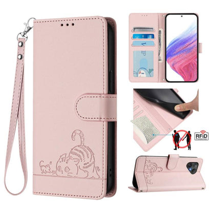 Cat Rat Embossed Pattern RFID Leather Phone Case with Lanyard, For Fairphone 5