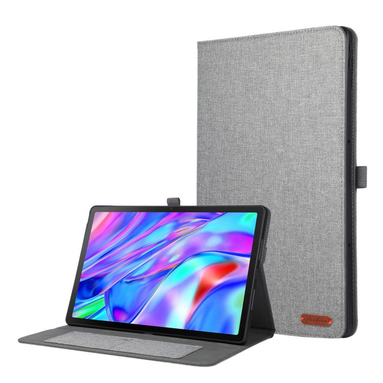Grey flip tablet case with stand, tablet screen opening, textured fabric cover