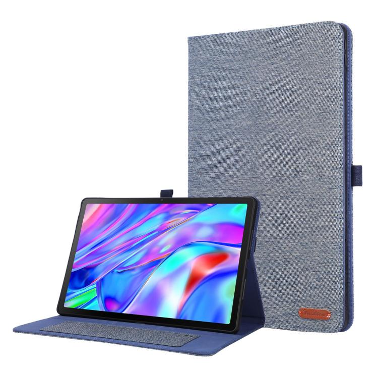 Blue flip tablet case with stand, textured cover, tablet screen opening