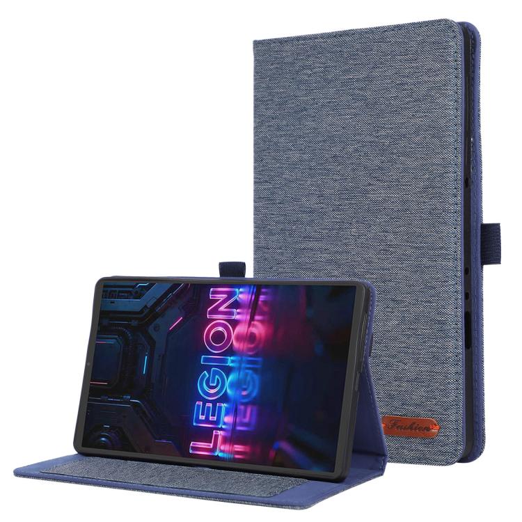 Blue flip tablet case with stand, textured fabric cover, cutout for ports
