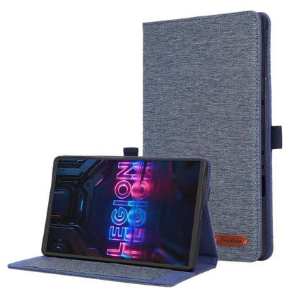 Blue flip tablet case with stand, textured fabric cover, cutout for ports