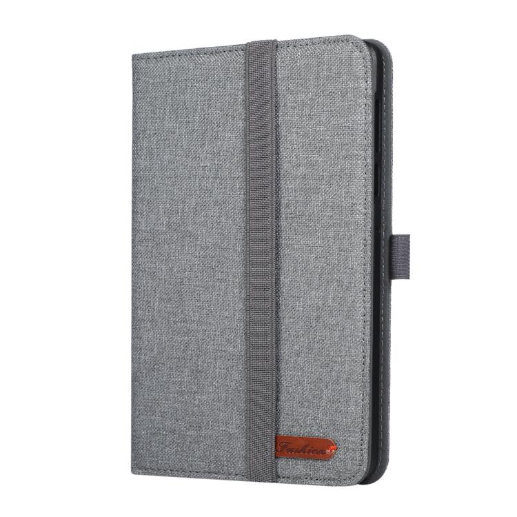 Grey fabric tablet folio case with front flap and side strap, closed view