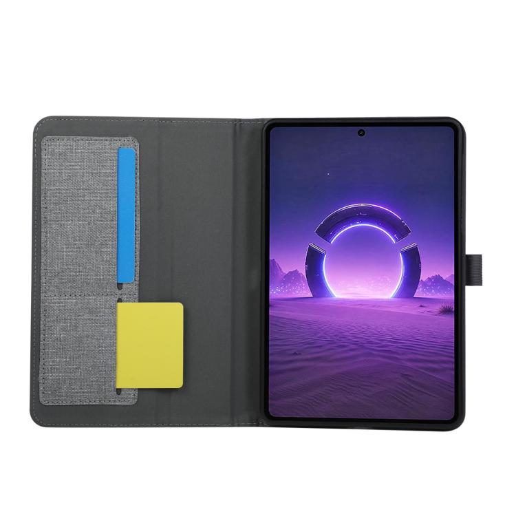 Grey fabric tablet folio case opened with built-in pockets and standing support