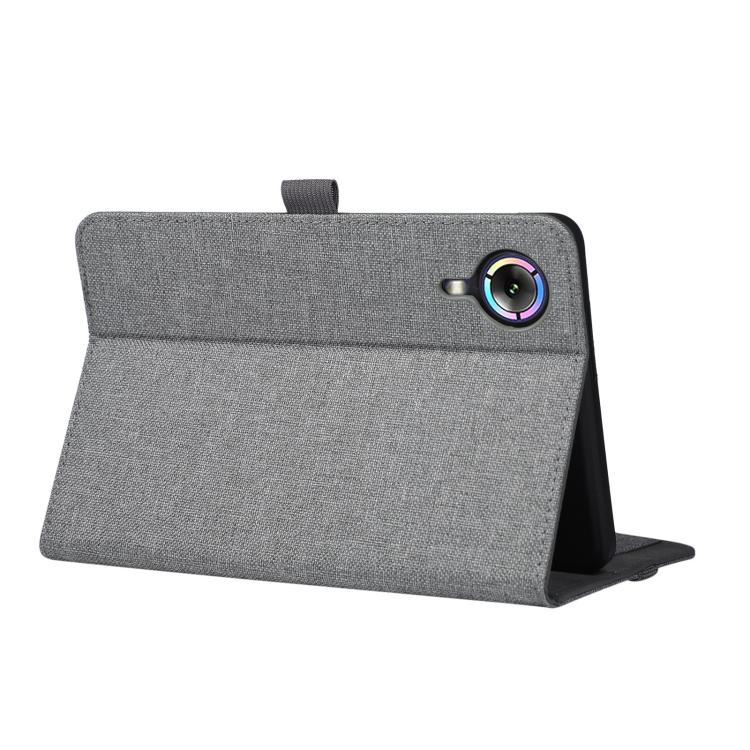 Grey fabric tablet folio case with kickstand, viewed from front angle