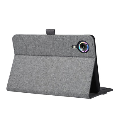 Grey fabric tablet folio case with kickstand, viewed from front angle