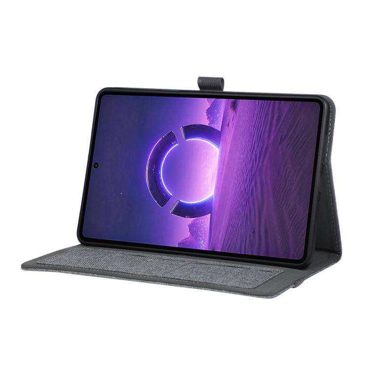 Grey fabric tablet folio case with horizontal stand holding a tablet