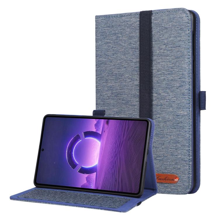 Blue fabric tablet folio case with hand strap and front cover, open view