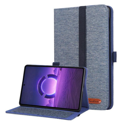Blue fabric tablet folio case with hand strap and front cover, open view