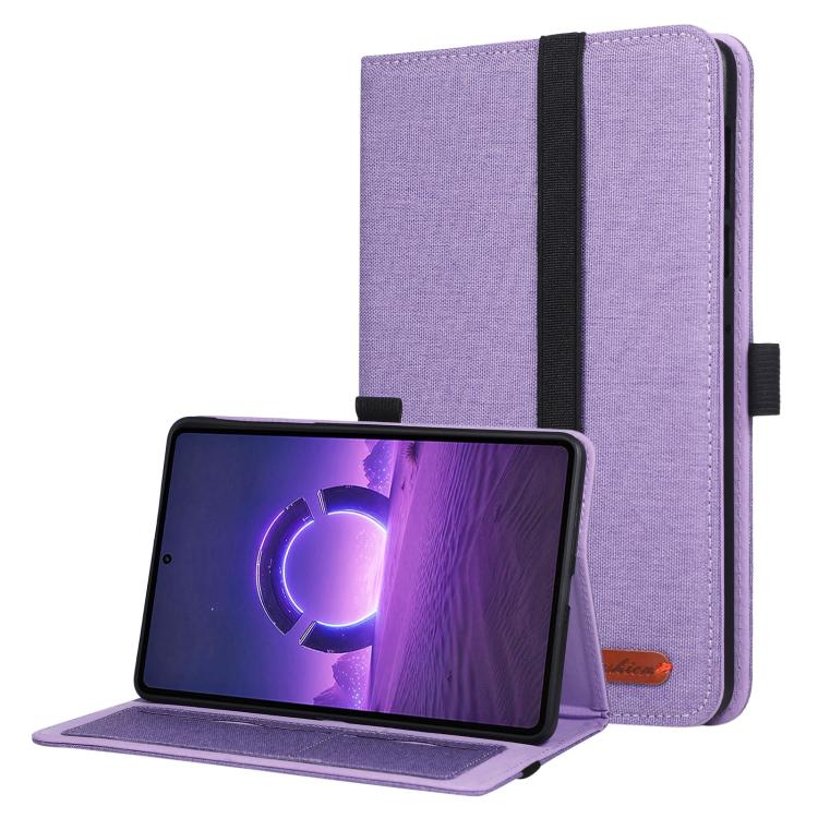 Purple fabric tablet folio case with hand strap, open with tablet support