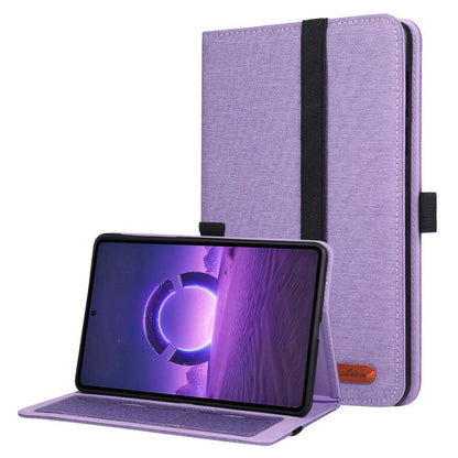 Purple fabric tablet folio case with hand strap, open with tablet support