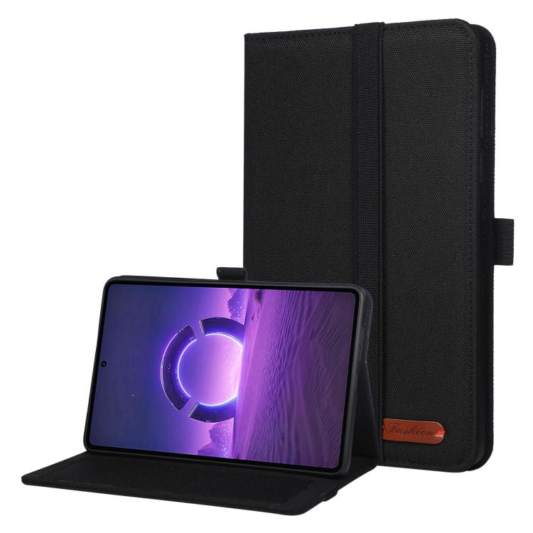 Black fabric tablet folio case with hand strap and open stand holding a tablet
