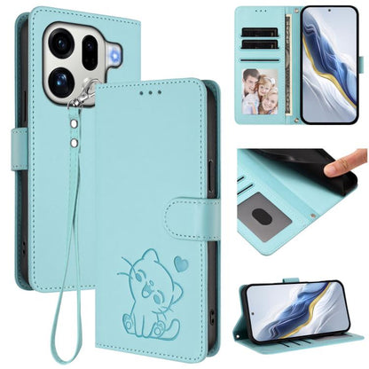 Embossed Heart Cat Leather Phone Case with Hand Strap, For OPPO Find X9, For OPPO Find X9 Pro